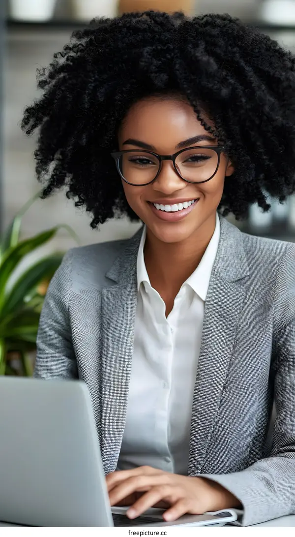 Smiling Black Woman Working On Laptop In Office