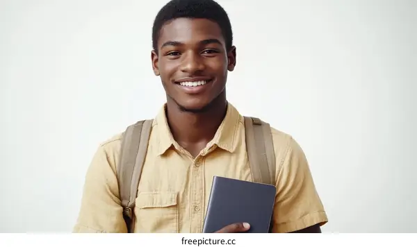 Smiling Black Student with Backpack and Notebook