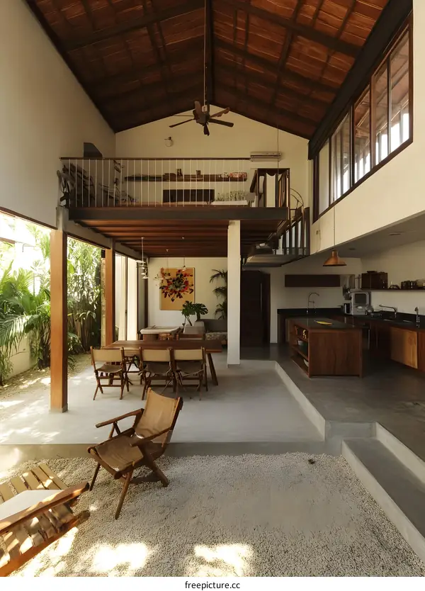 Modern Home Interior Design With High Ceilings And Wooden Beams