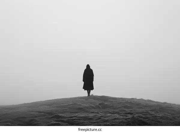 A Solitary Figure Stands on a Hilltop Overlooking a Misty Landscape