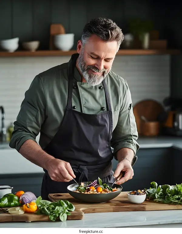 Smiling Chef Preparing a Healthy Meal in the Kitchen