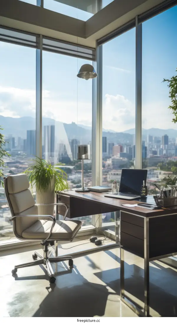 Modern office interior with large windows and city view