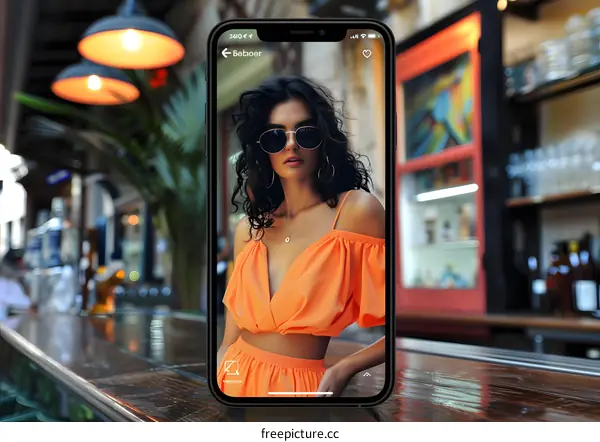 Woman in Orange Top and Sunglasses on Phone Screen