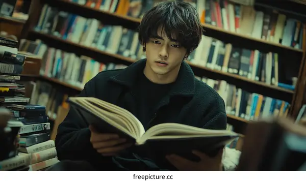 Young Asian Man Reading in a Library