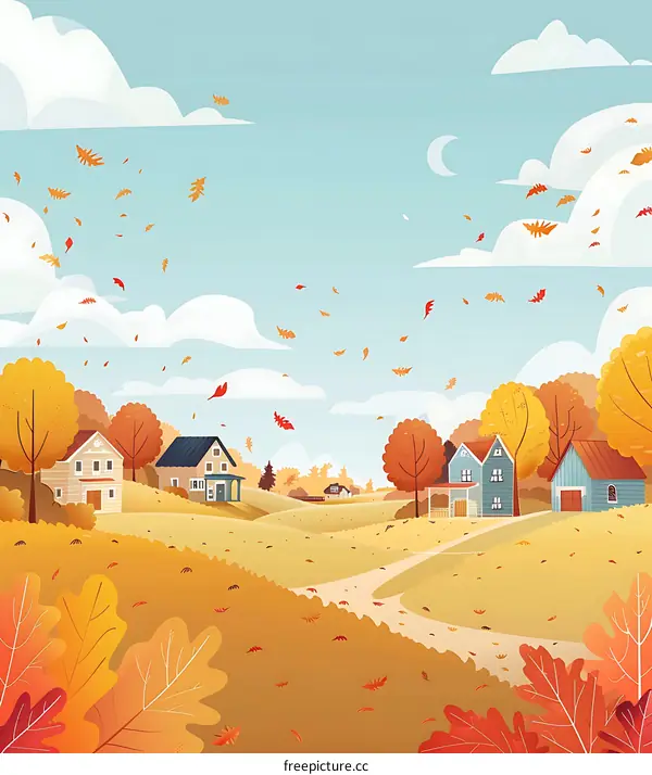Autumn Landscape with Houses and Falling Leaves