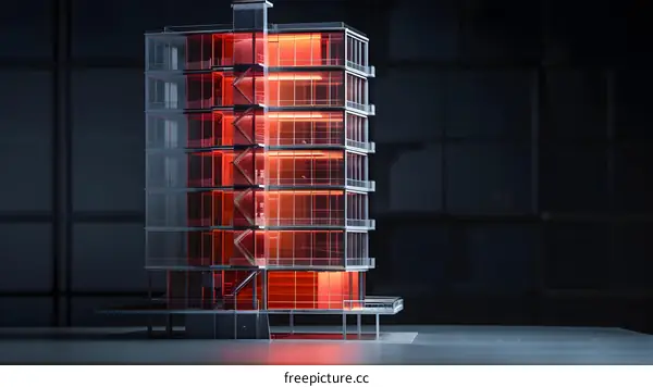 Glass Building Model with Red Lights