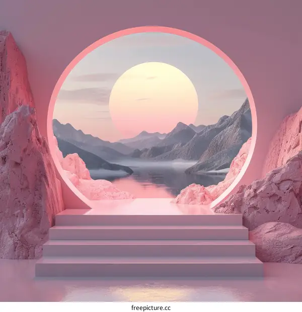 Surreal Pink Landscape with a Circular Portal