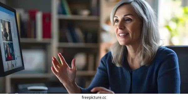 Woman in Blue Talking During Video Chat on a Computer