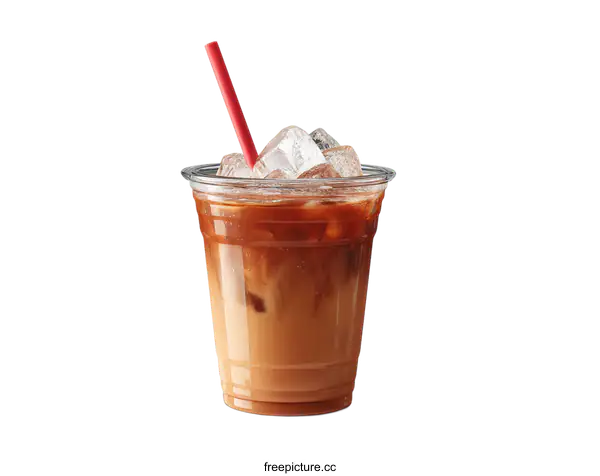 [Transparent Background PNG]Refreshing Iced Coffee with Ice Cubes and Straw in Clear Cup