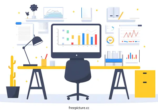 Office Workplace with Computer and Charts