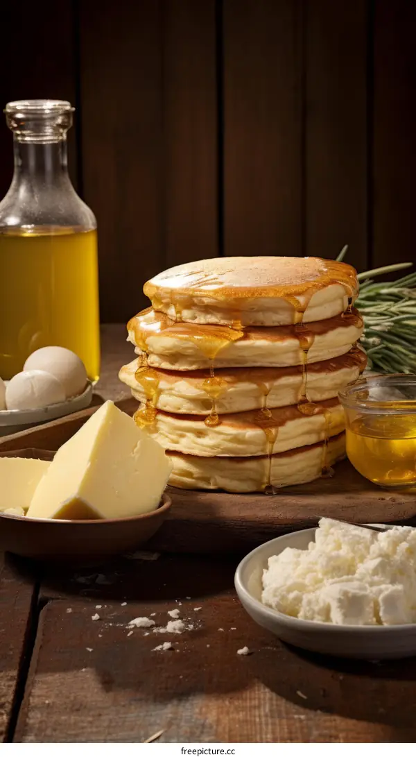 A decadent stack of pancakes with honey, butter, eggs, and cheese