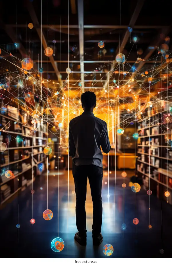 Afrofuturistic Man in Library Amidst Glowing Spheres and Lines of Light