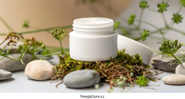 White Cream Jar on Moss with Rocks and Green Plants