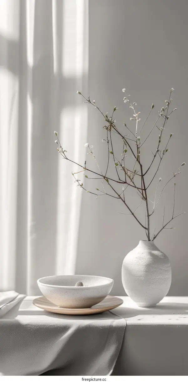 elegant still life of a ceramic vase with budding branches in front of a sheer curtain