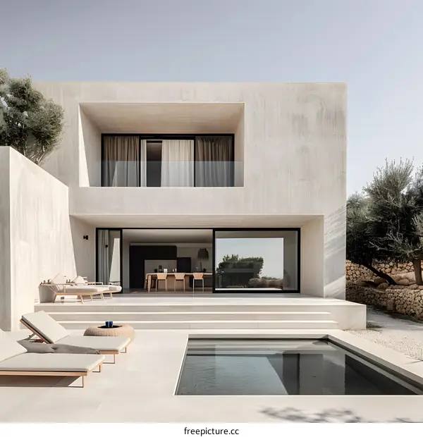 Modern Concrete House with Pool and Olive Trees