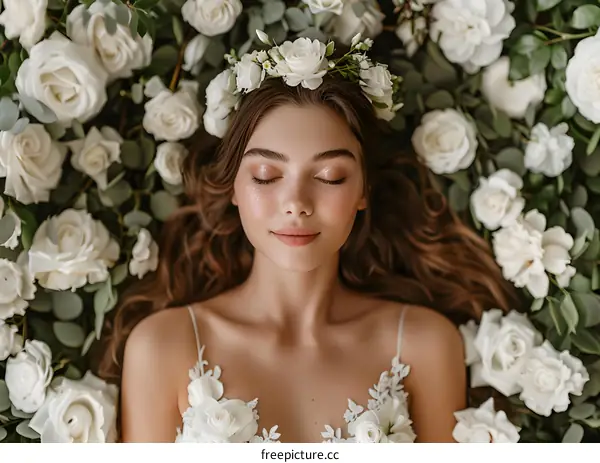 Woman in White Dress Lying on Bed of White Roses