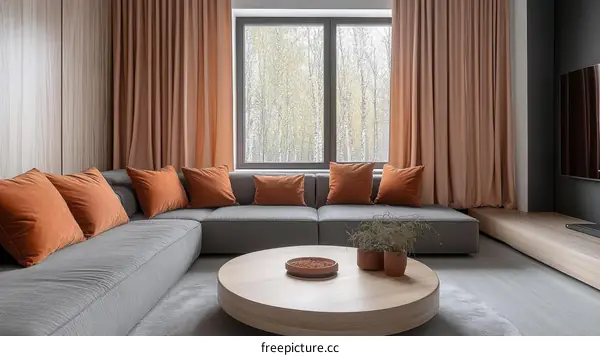 Modern Living Room with Peachy Curtains and Gray Sofa