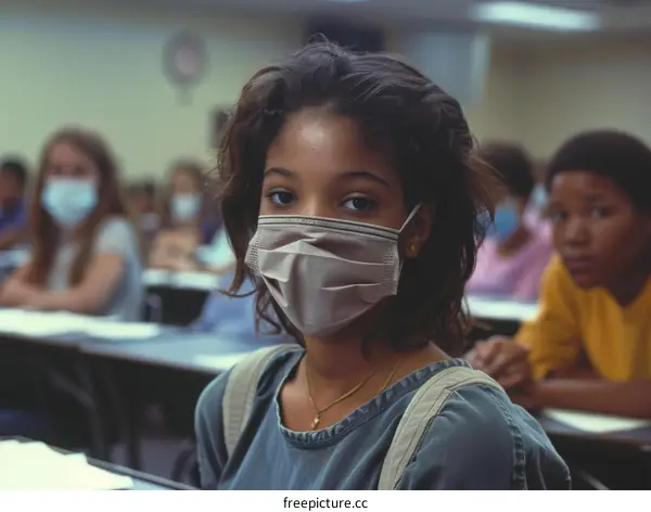 A young African-American girl wearing a mask in a classroom