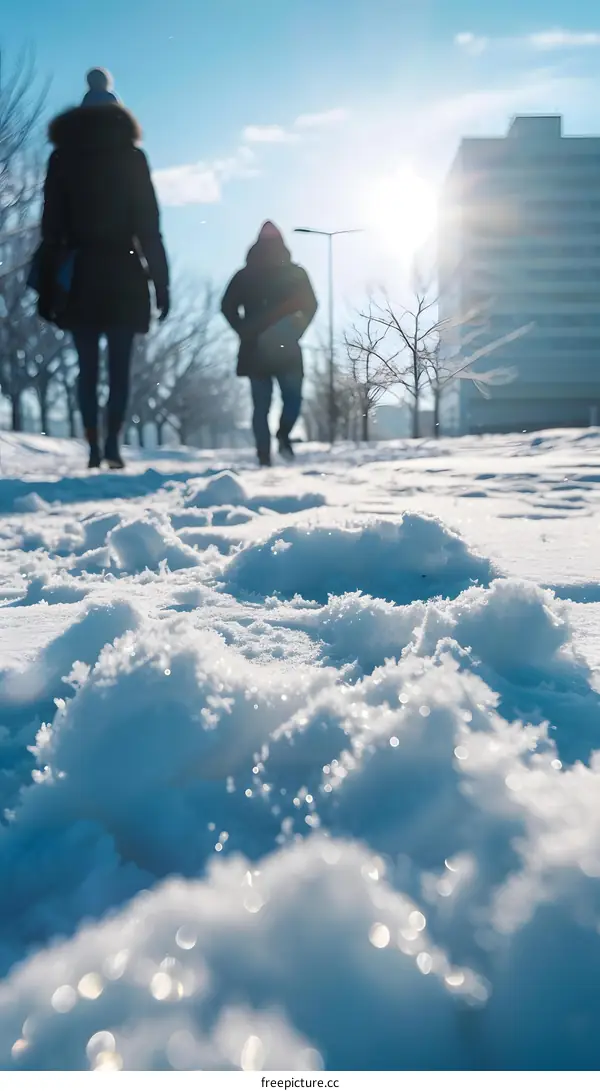 Snowy Winter Day, Two People Walking in the Snow, Sun Glowing