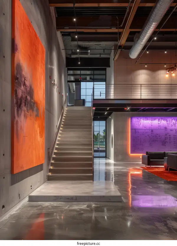 Office Lobby Interior Design With Modern Staircase And Purple Accent Wall