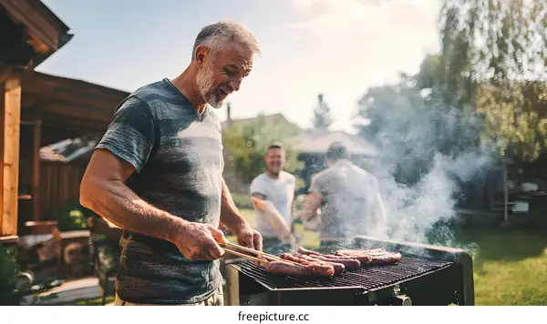 Man Grilling Sausages at Summer Barbecue