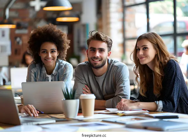 Three young people sitting at a table in a cafe smiling at the camera