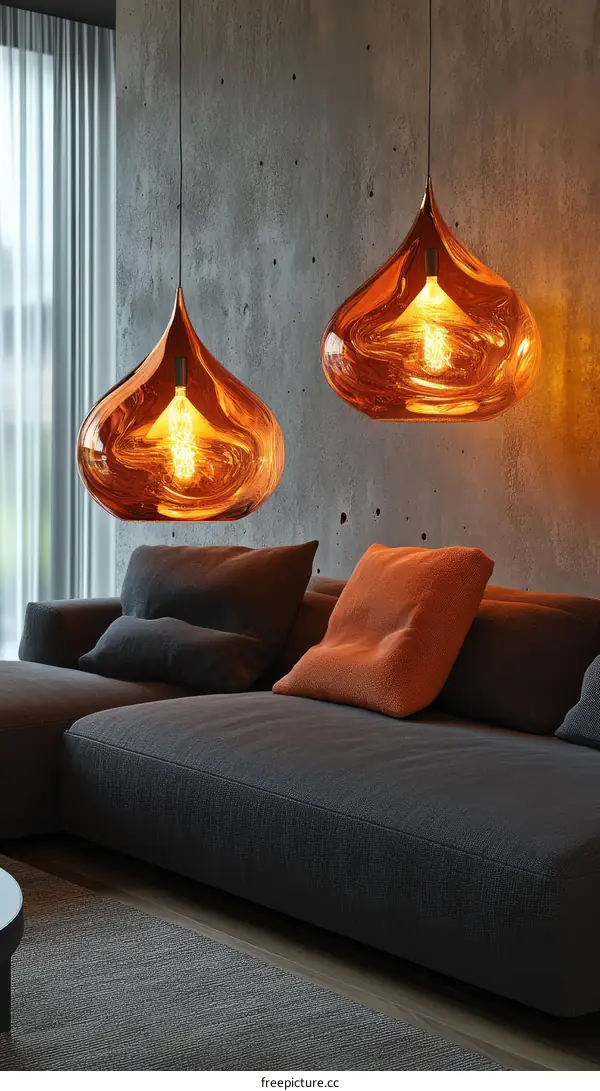 Modern Living Room with Copper Pendant Lamps