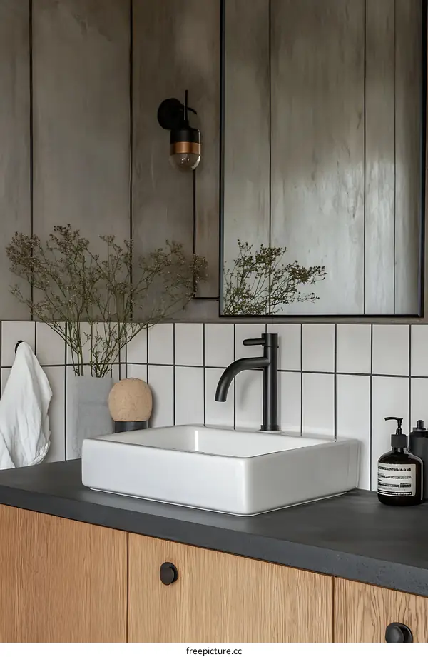 Modern Bathroom Design with White Sink and Black Faucet