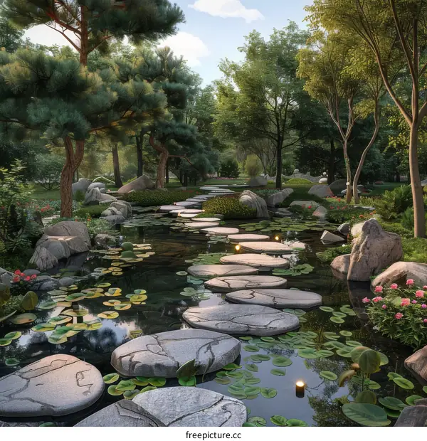 Serene Pond Pathway with Stepping Stones and Lily Pads