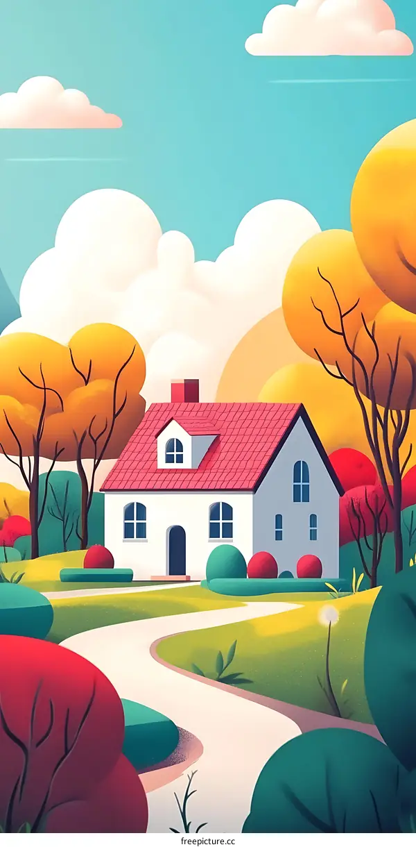 Cute House Cartoon Illustration With Pathway and Trees