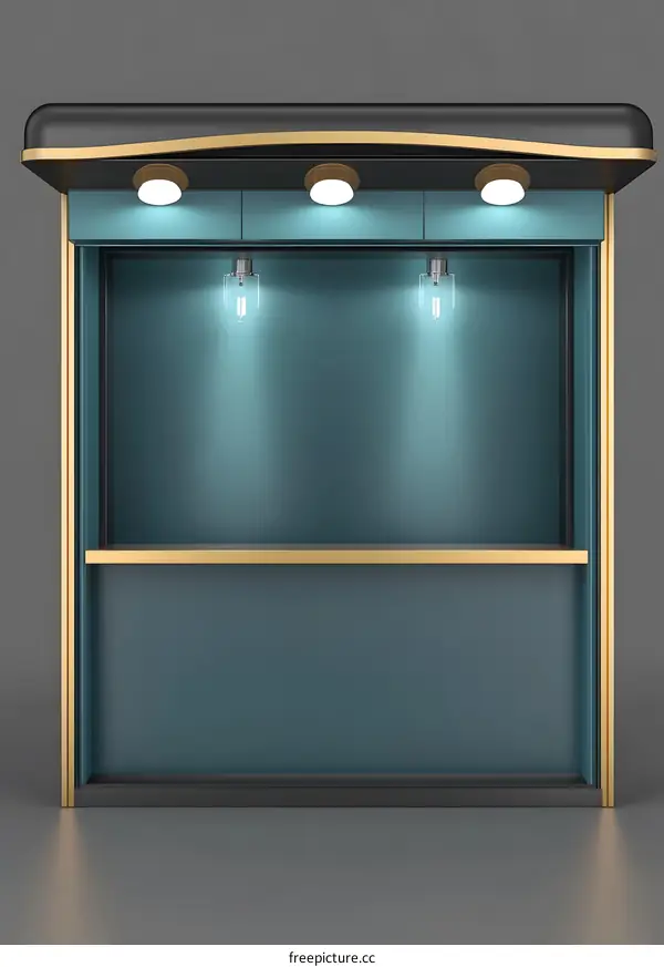 Modern Minimalist Display Shelf with Blue Backdrop and Gold Accents