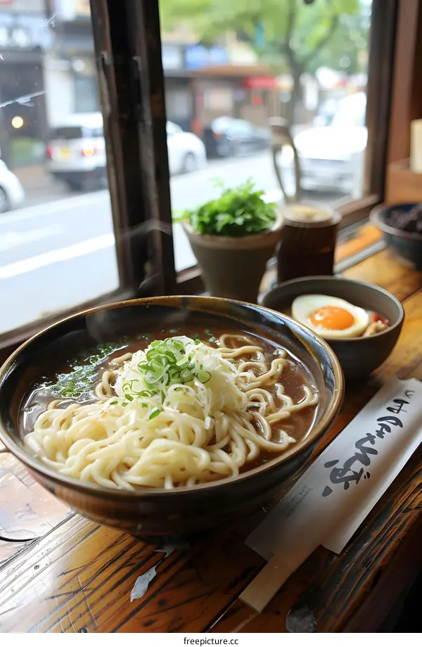 A delicious bowl of udon noodles with a soft-boiled egg