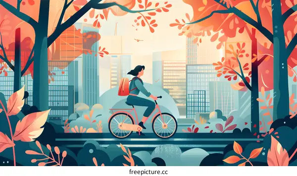 Woman Riding Bicycle Through City Landscape With Red and Orange Leaves