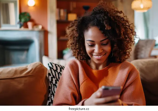 Smiling woman texting on her phone