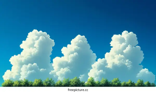 Summer Sky with Fluffy Clouds and Trees