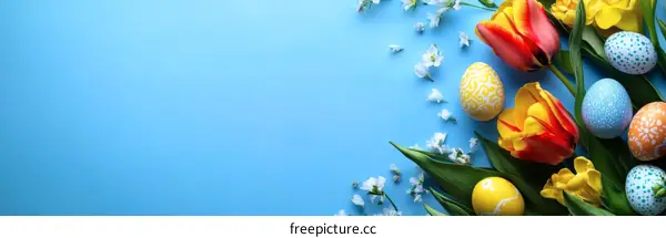 Colorful Easter Eggs and Tulips on a Light Blue Background