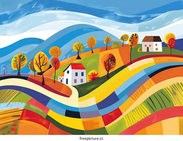 Colorful Autumn Landscape Illustration with Houses and Trees