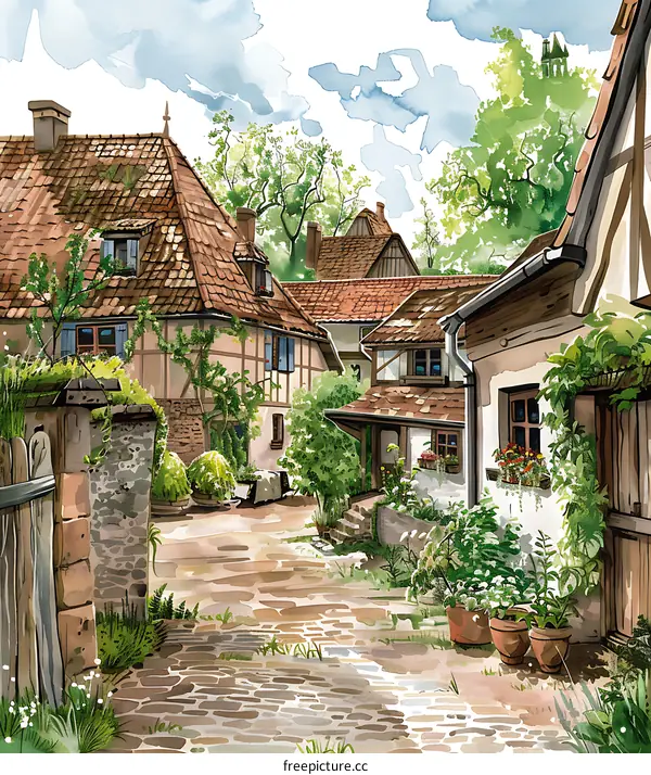 Watercolor Illustration of a Quaint European Village