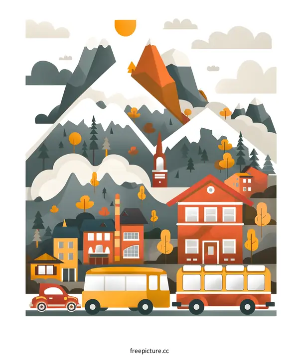 Mountain Village Landscape Illustration