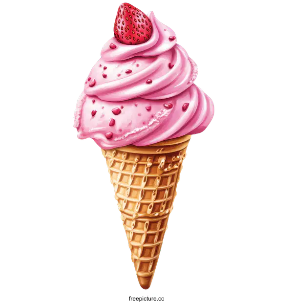 [Transparent Background PNG]Strawberry Ice Cream in Waffle Cone Illustration