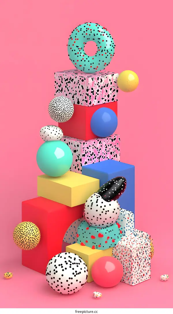 Abstract 3D Geometric Shapes with Polka Dot Pattern