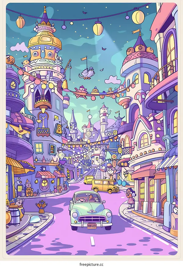 Cartoon Illustration of a Town with Colorful Buildings and People Walking on the Street