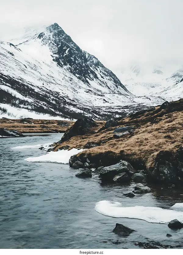 Snowy Mountain River Landscape With River And Valley