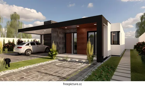 Modern House Exterior Design with Car and Plants