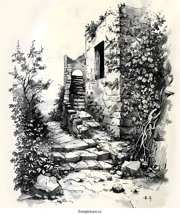 Black and White Pencil Drawing of Ruined Stone Building with Greenery