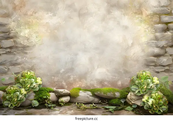 Stone Wall with Green Succulents and Moss