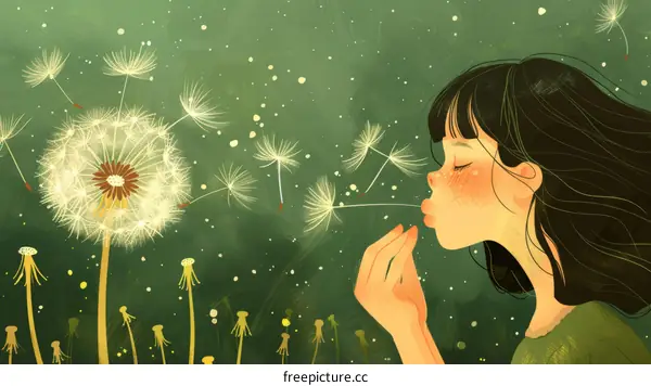 A girl blowing dandelion seeds in a field
