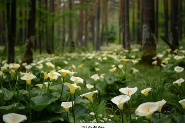 White Calla Lilies Blooming in Tranquil Forest