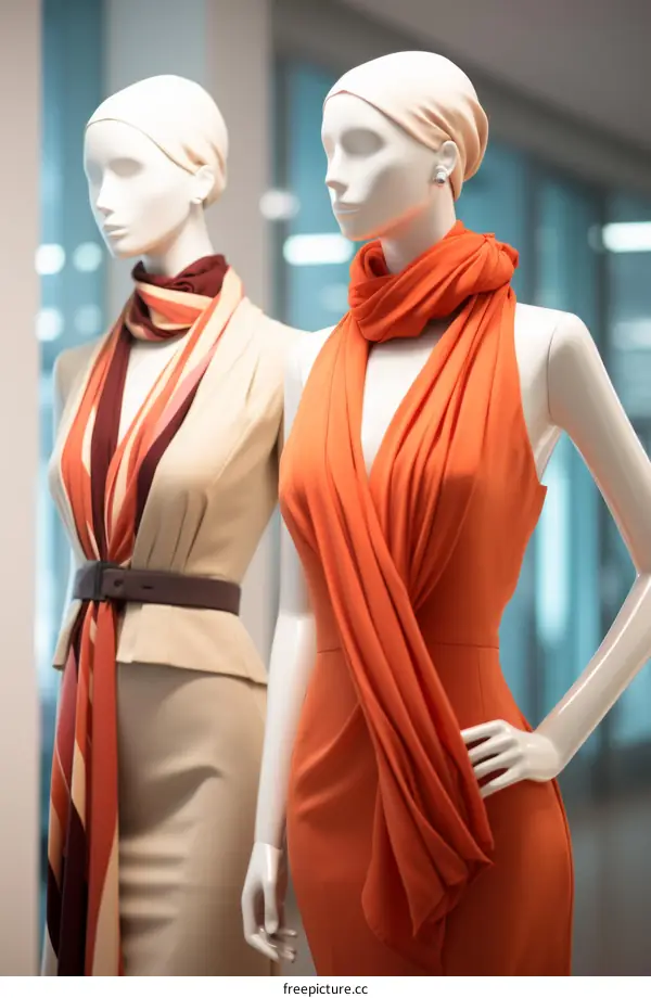 Two female mannequins wearing stylish clothes in a store display