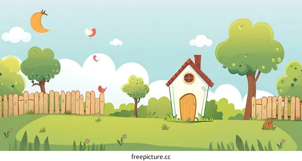 Cute Cartoon Illustration of a House with a Wooden Fence in a Green Garden